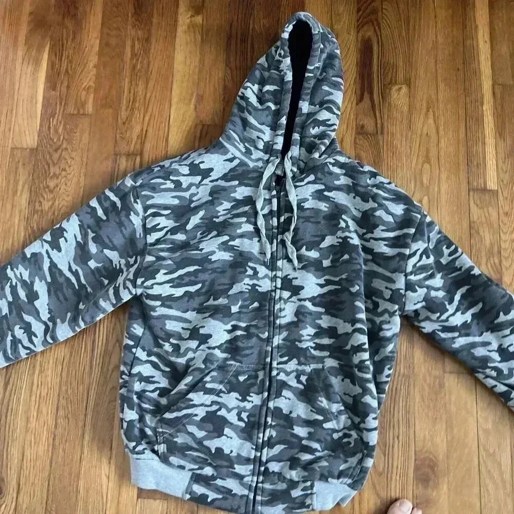 BIG BALL SPORTS Men's Green Sherpa Lined Camo Full Zipper Hooded Jacket Size L